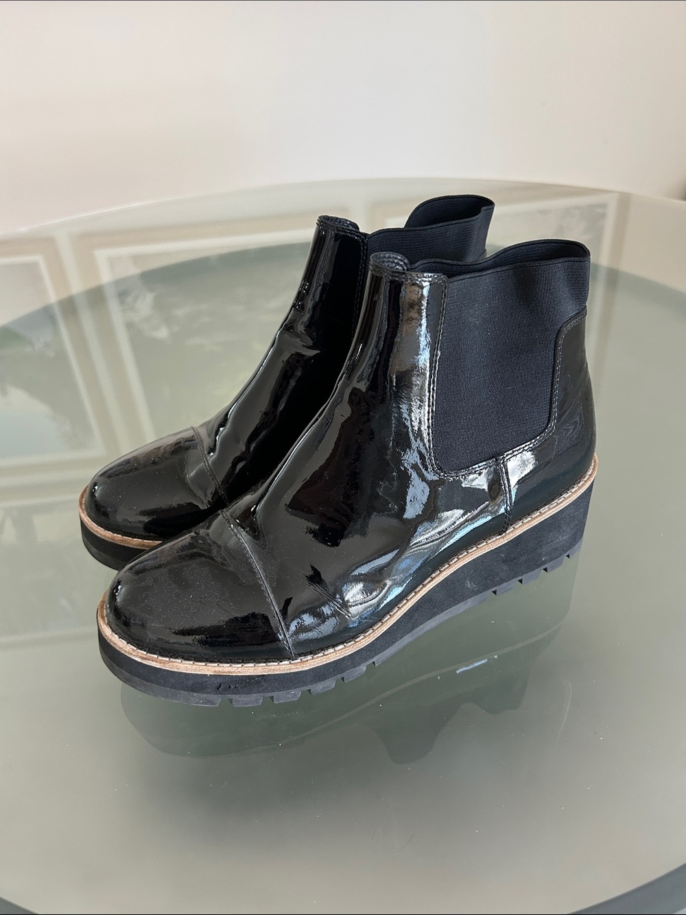 Eileen Fisher Chelsea Black Patent Leather Wedge Booties Size 8.5